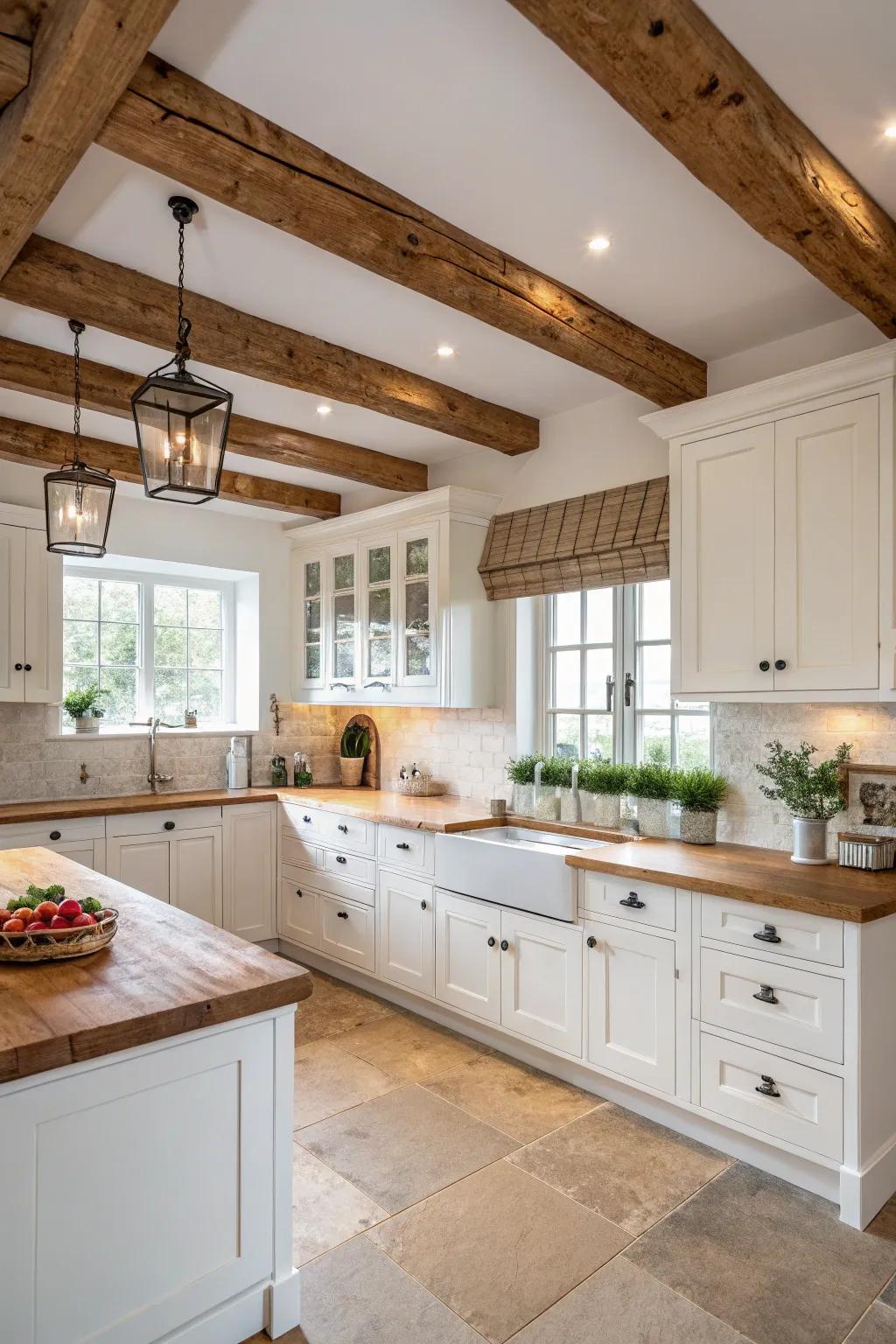 Real wood touches highlight the bright white of the cupboards.
