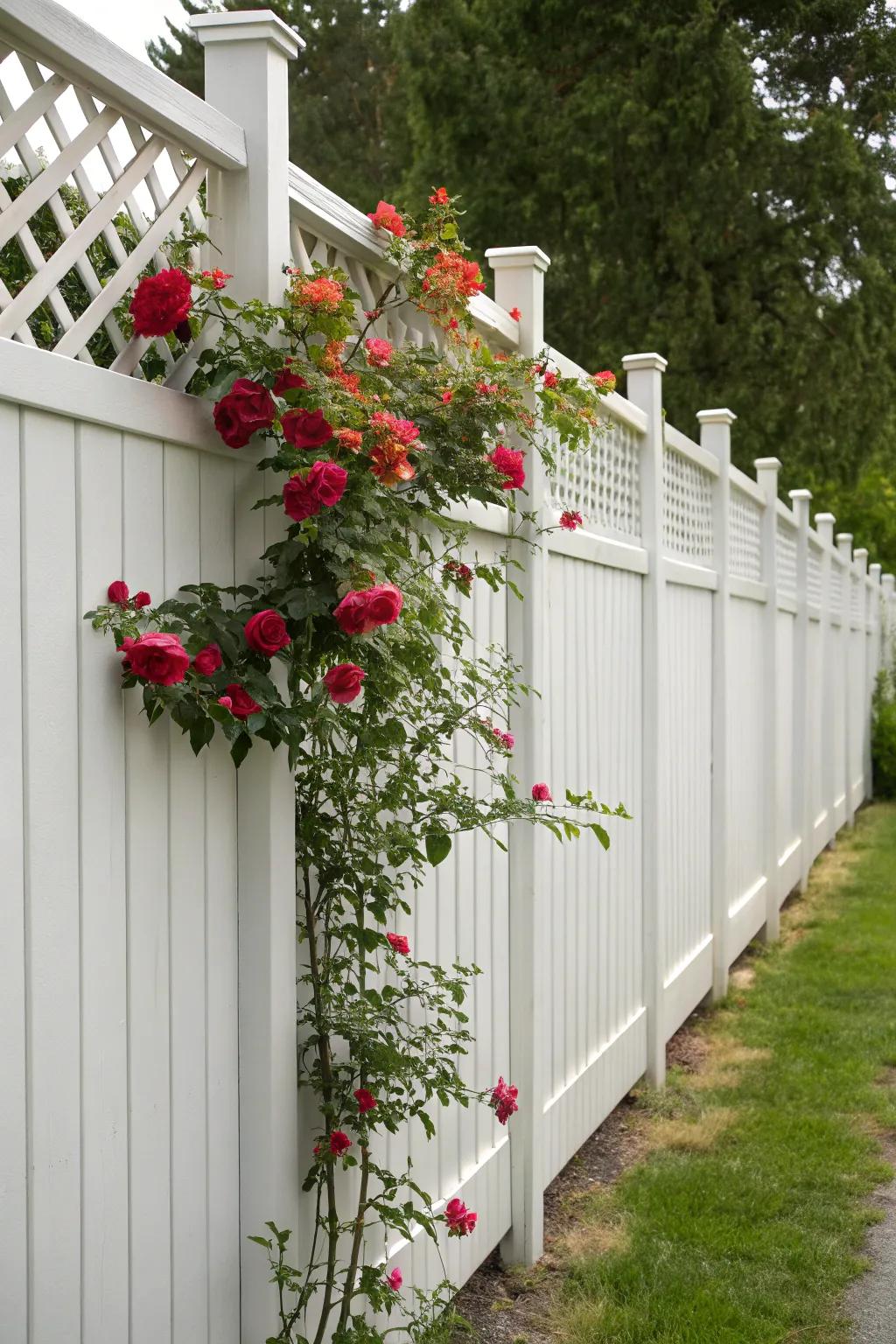 A crisscross apex fence infuses an enthralling aspect to privacy, facilitating delightful floral integration.