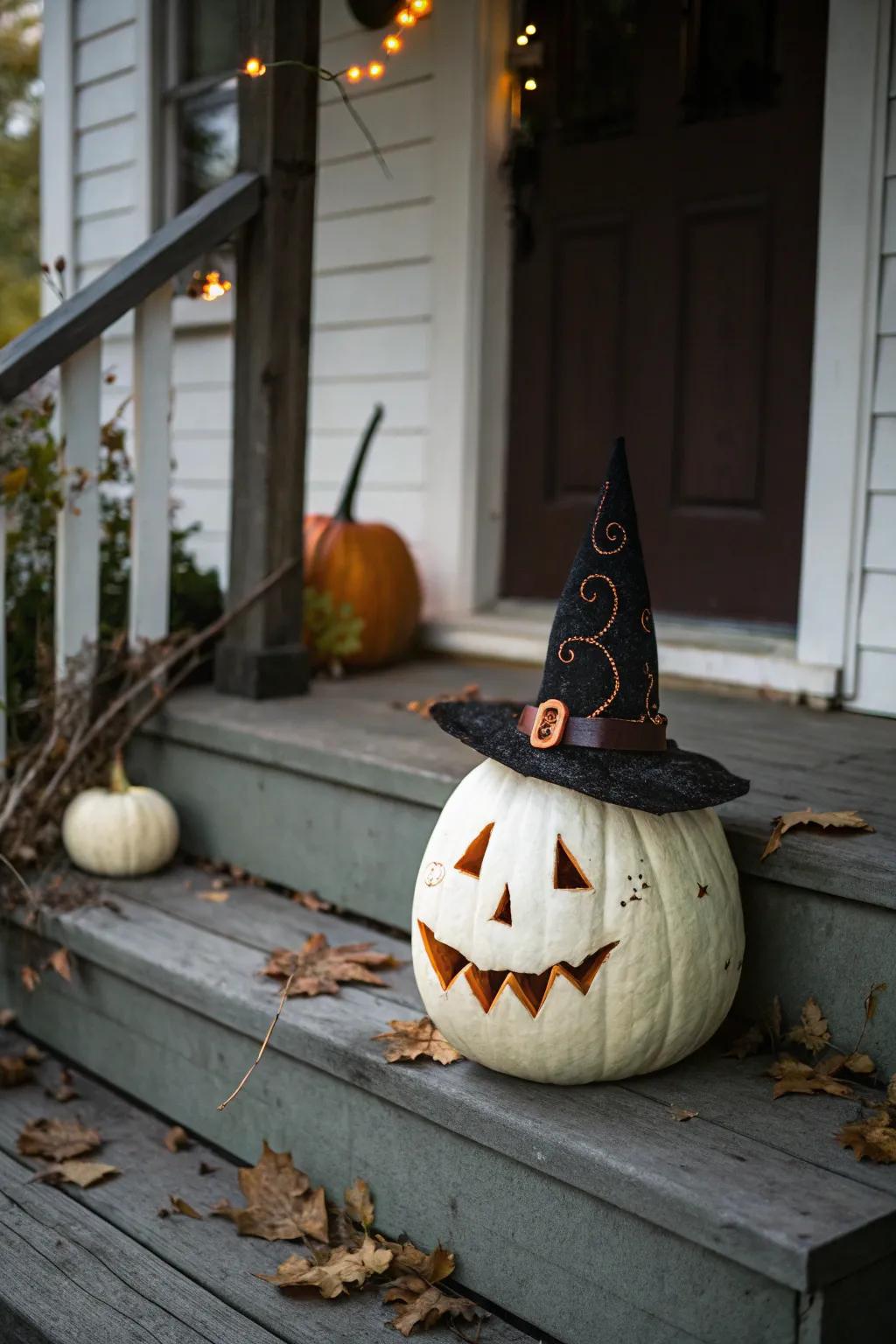 A whimsical themed pumpkin wearing a witch's hat, ready to enchant visitors.
