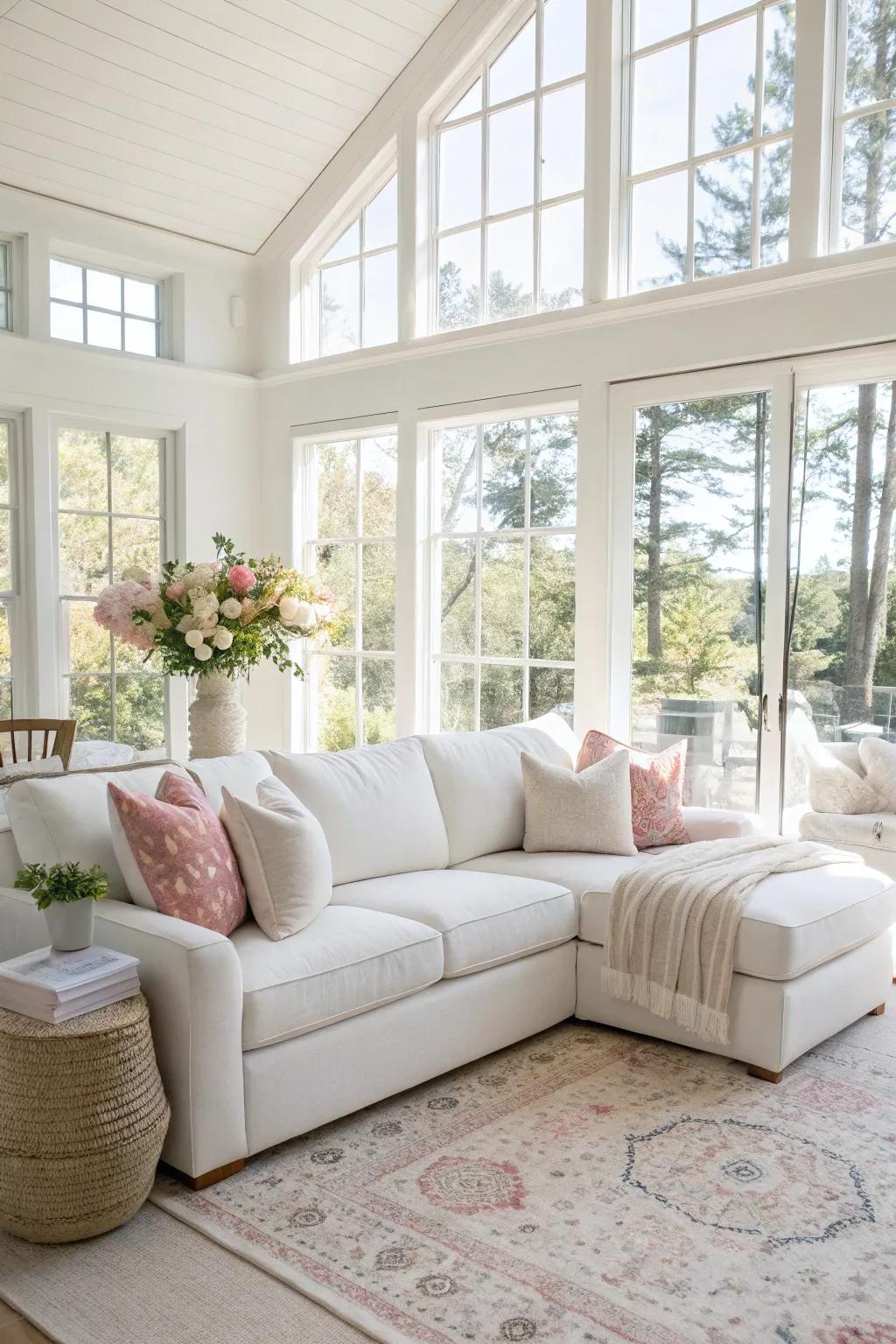 Sunlight pours into a living area boasting a creamy white sectional.