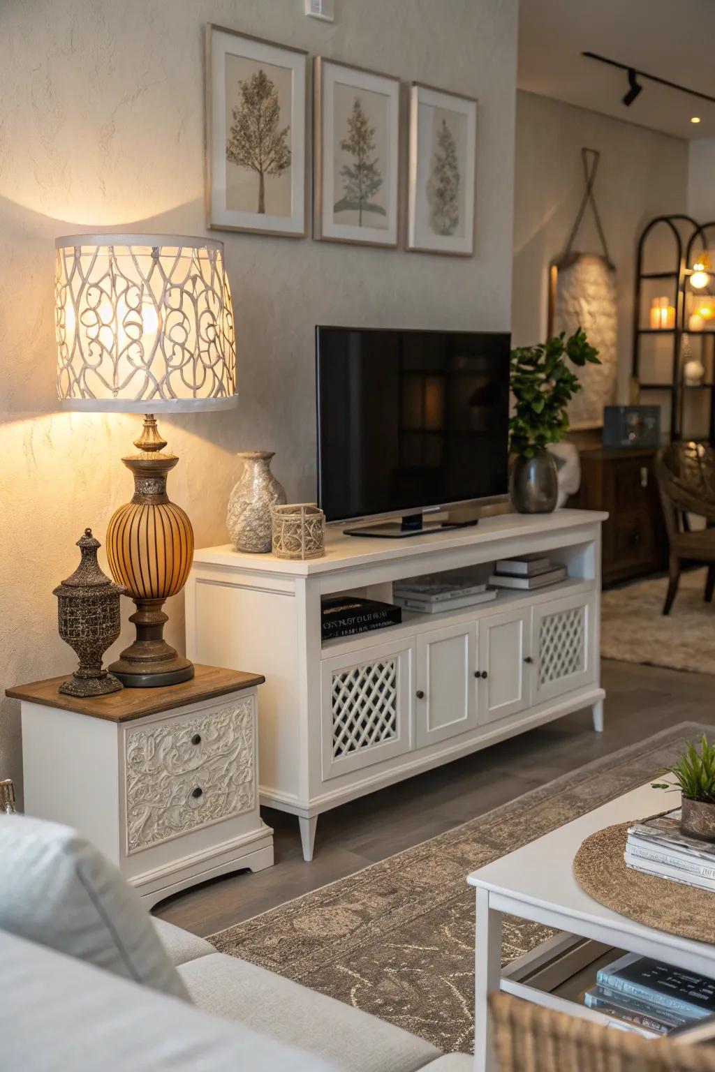 Conjure ambiance with an elegant lamp gracing your TV console.