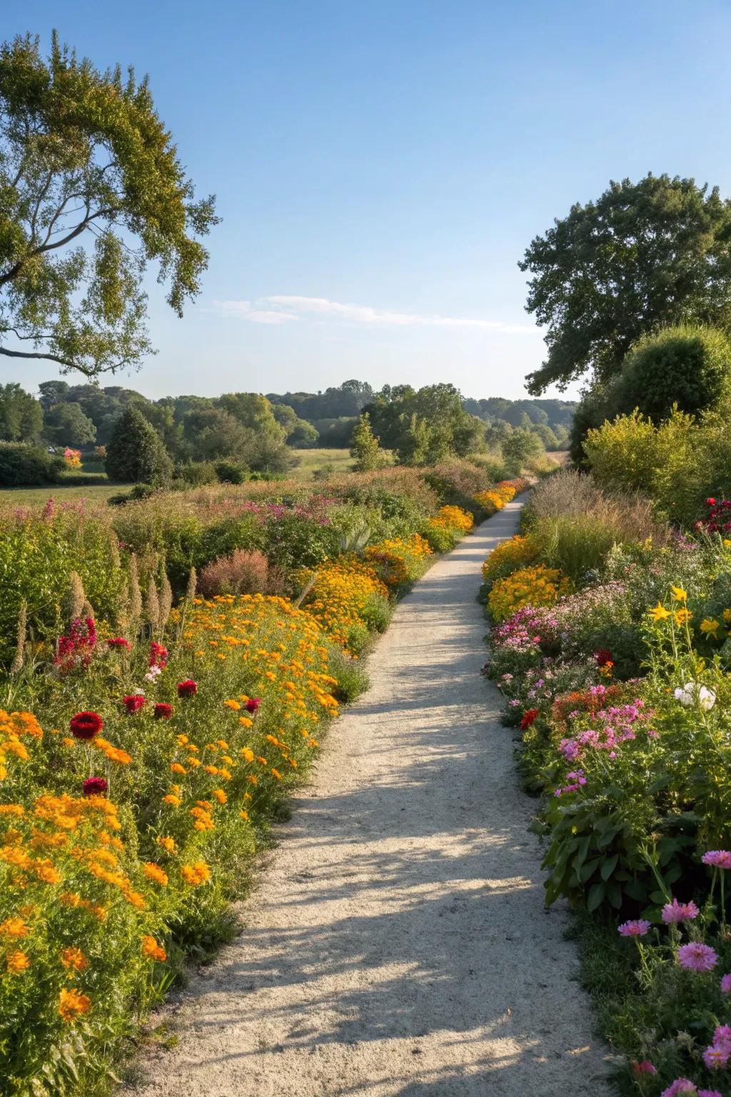 A delightful path bordered with wildflowers, inviting exploration.