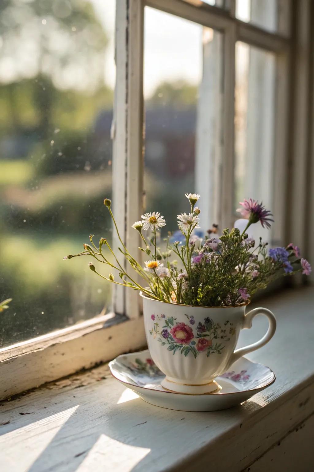 Antique teacups transform into captivating vessels for diminutive wildflower compositions.
