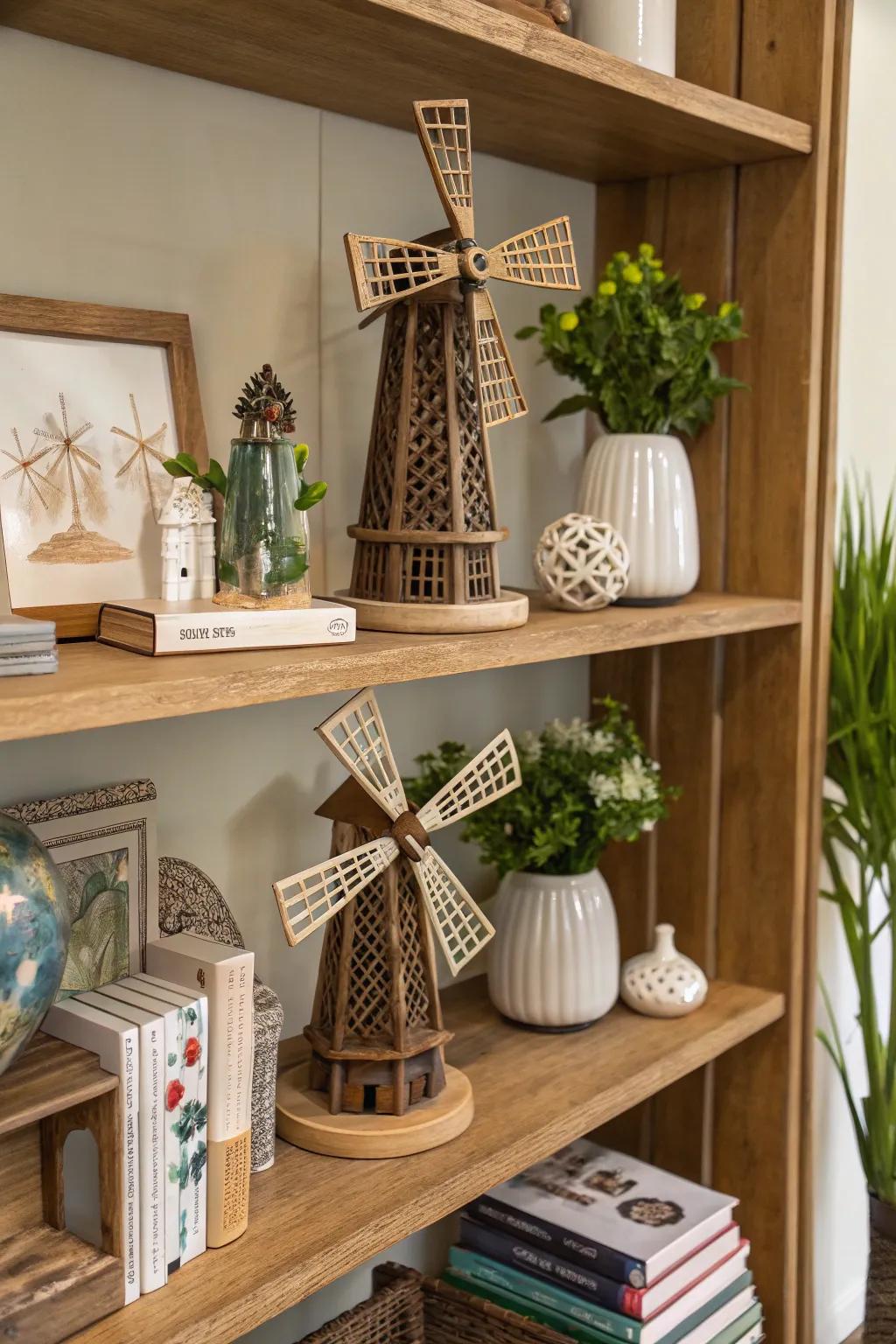 Incorporate petite pinwheel figures on shelves for a diverse appearance.