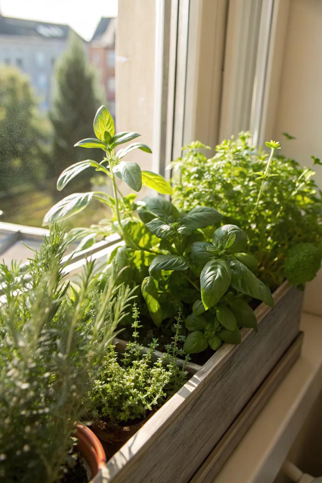 Showcasing a window box brimming with fresh herbs for both beauty and utility