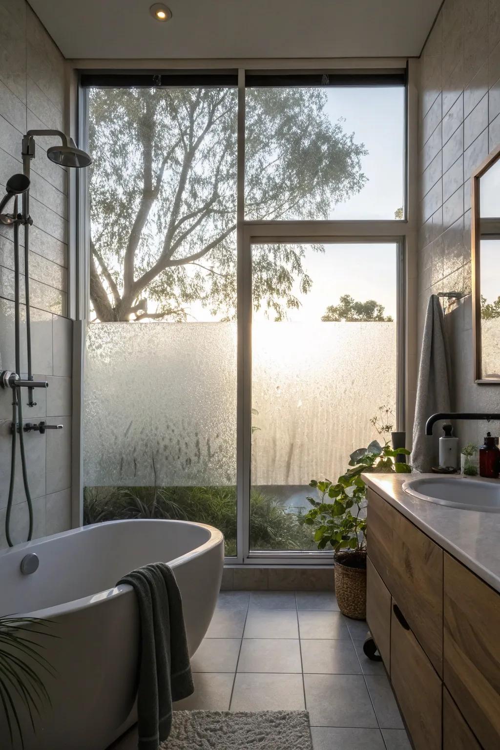 A shower equipped with clouded glass, providing privacy while welcoming in gentle natural light.
