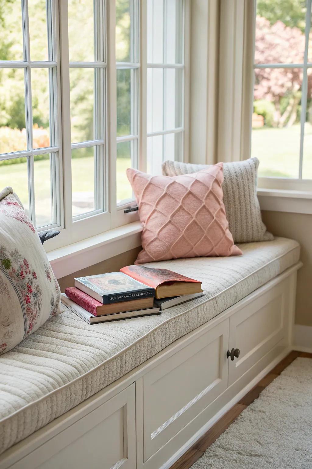 A built-in window bench showcasing plush cushions and books.