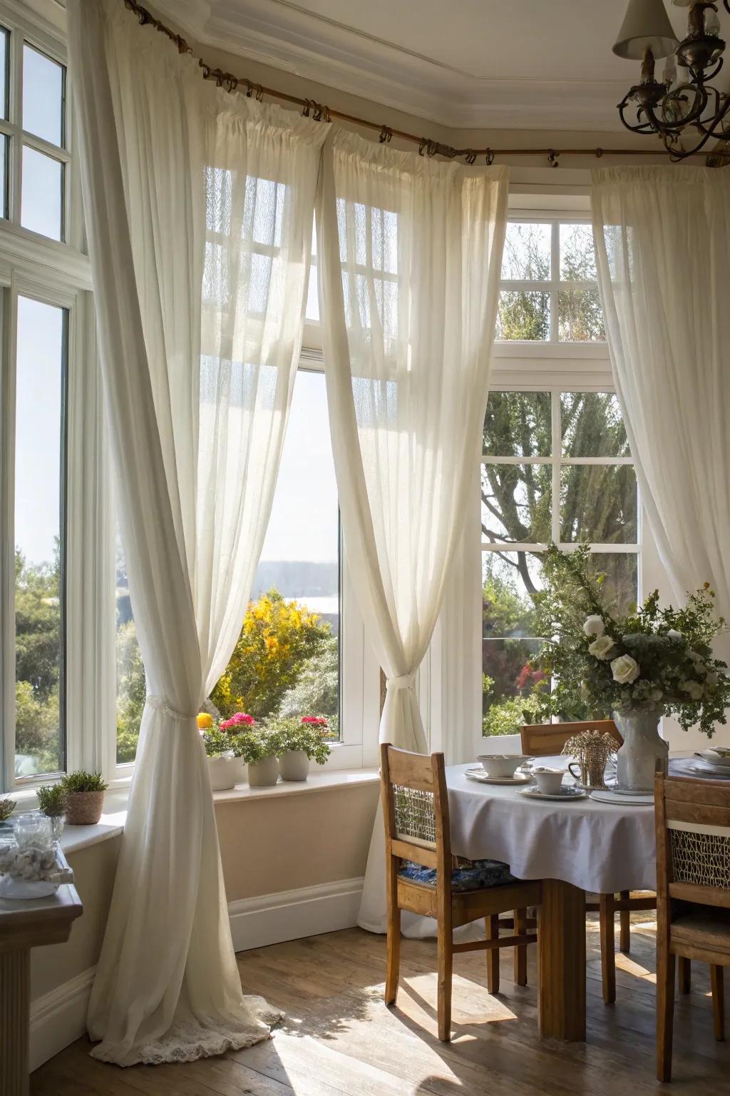 Ethereal curtains add elegance and privacy.