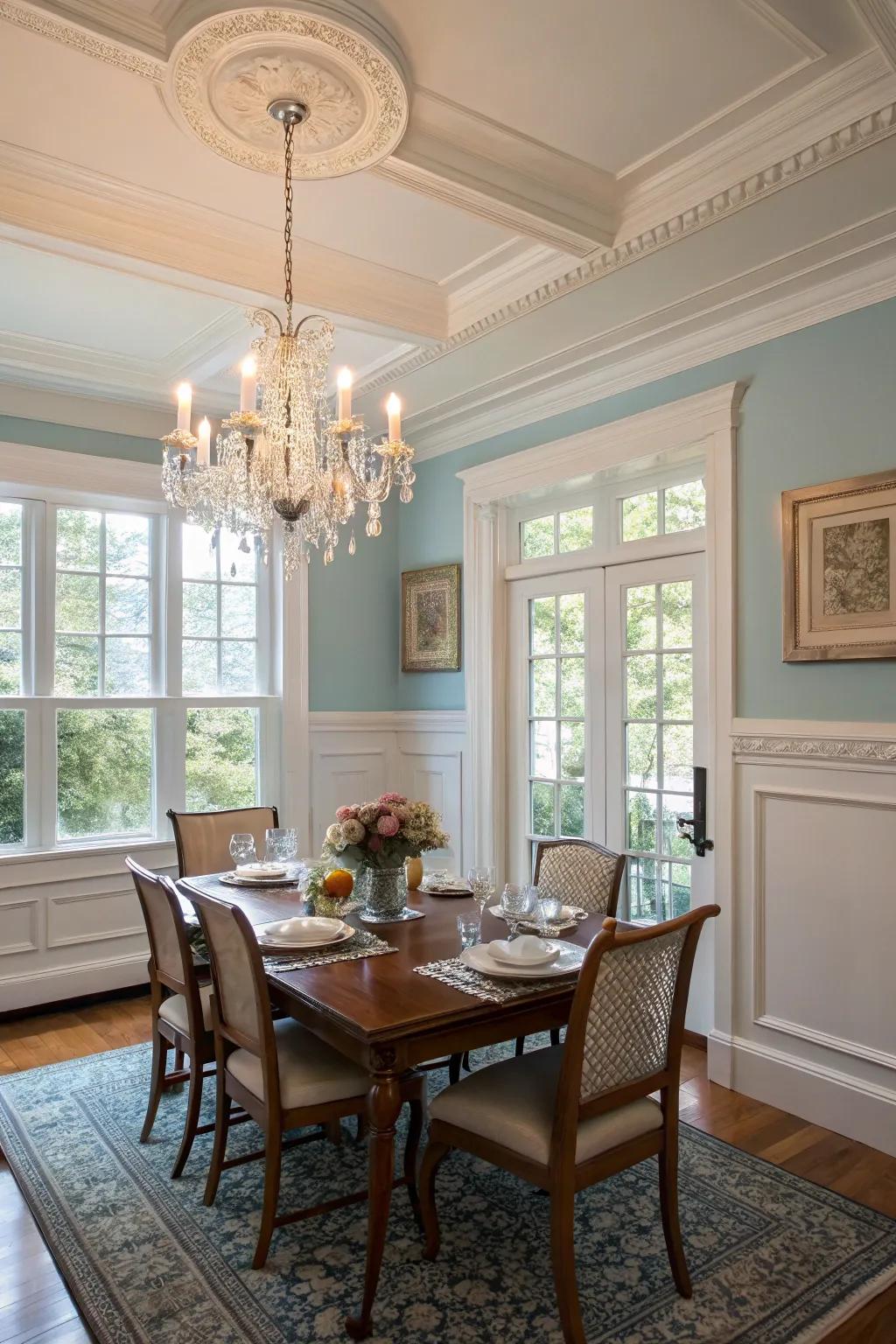 Pristine white trim offers an elegant frame for windows in the dining room.