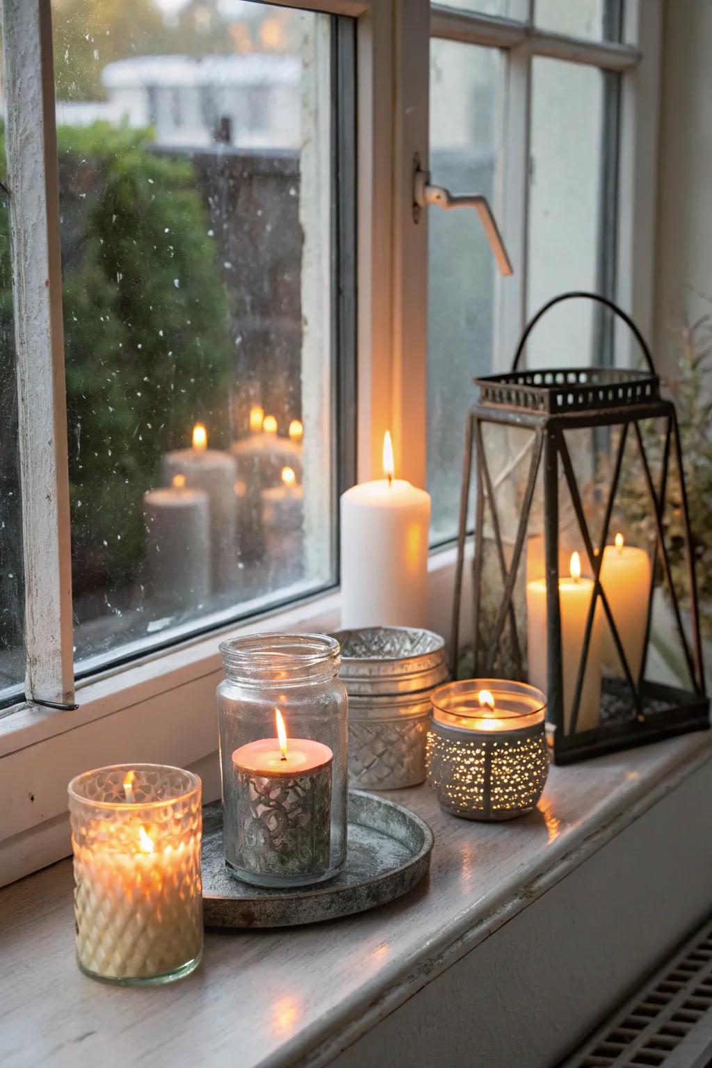 Candles on the windowsill craft a tranquil and comfortable atmosphere.