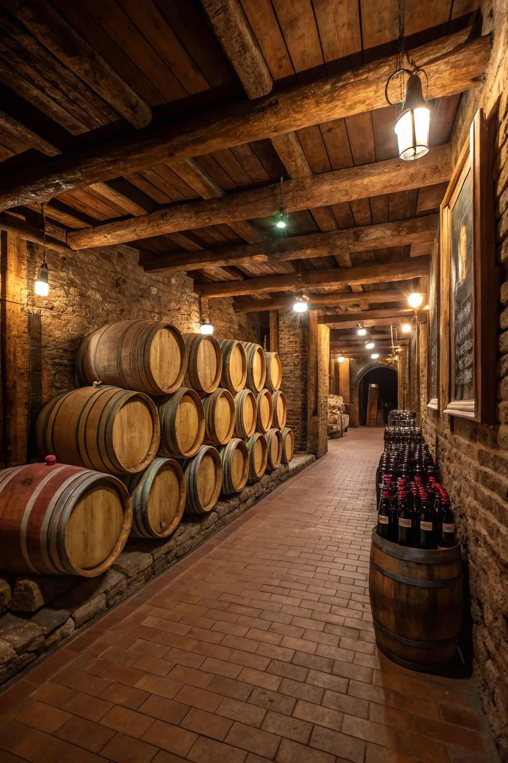 Earthy wine cellar showcasing lumber supports and soft lighting.