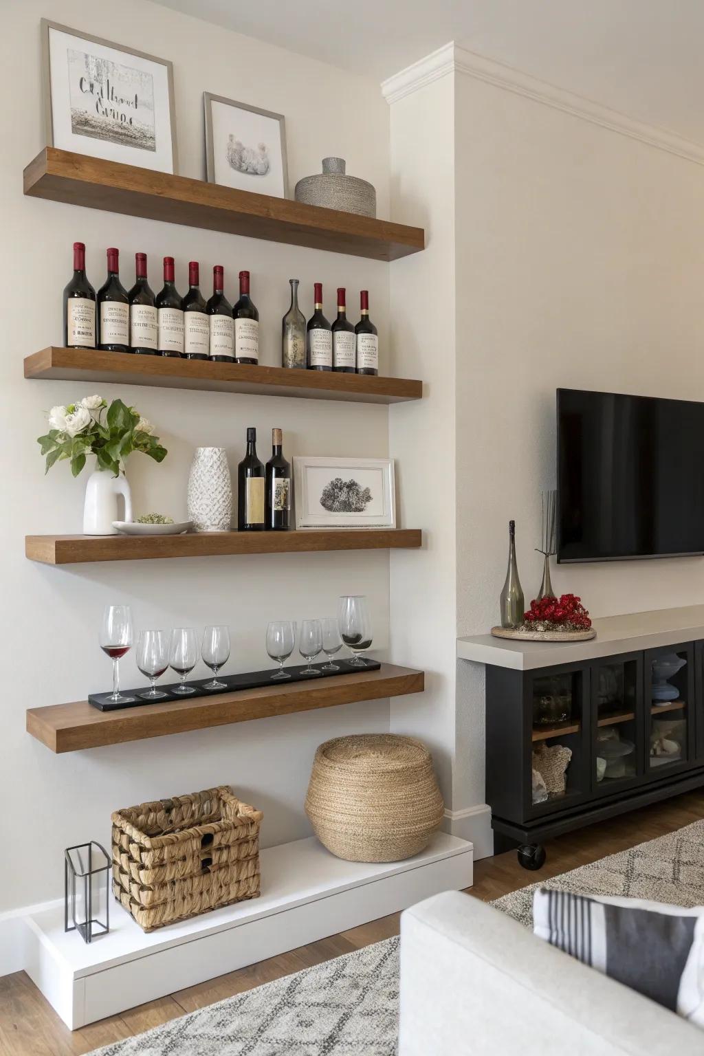 Elegant minimalist floating shelves displaying wine bottles.