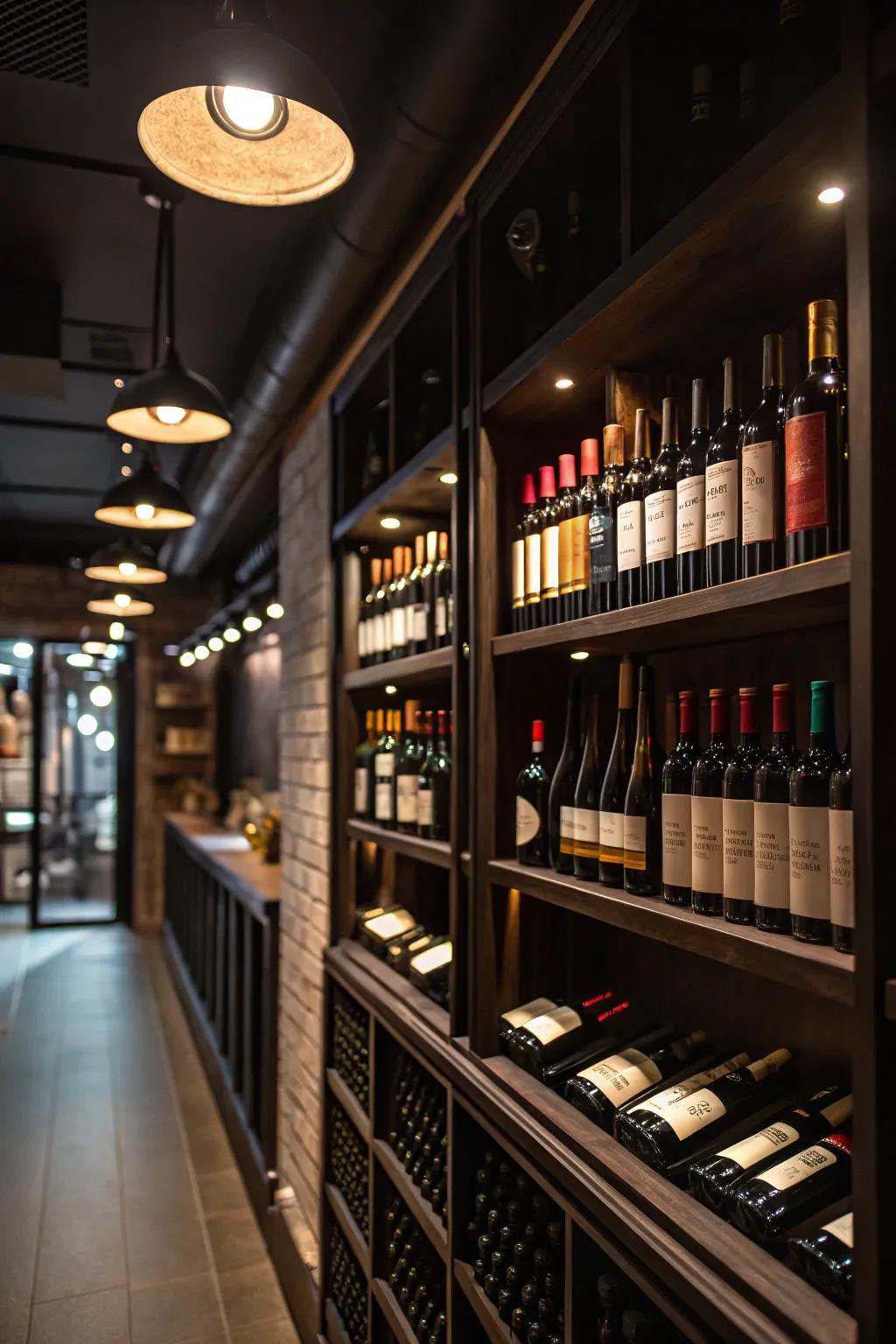 Directed spotlights showcasing significant bottles in the collection.