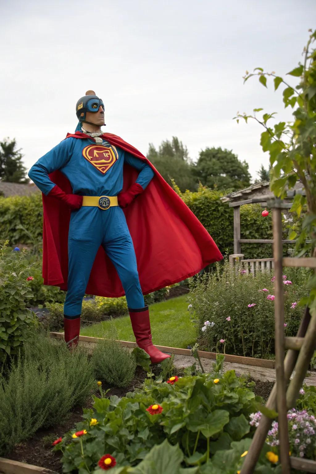 A caped crusader scarecrow, ever vigilant against garden malefactors.