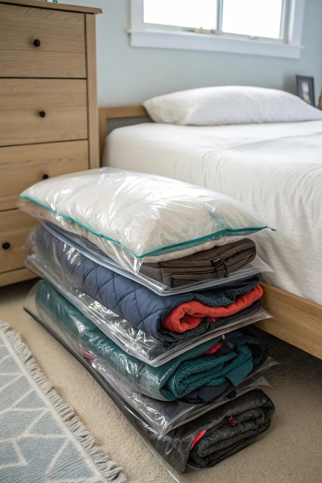 Optimize space by using compression bags that are vacuum-sealed.