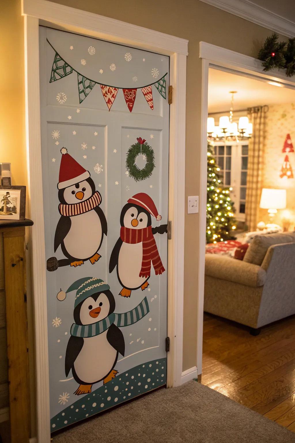 A fun-loving penguin parade door to chase away the winter blues.