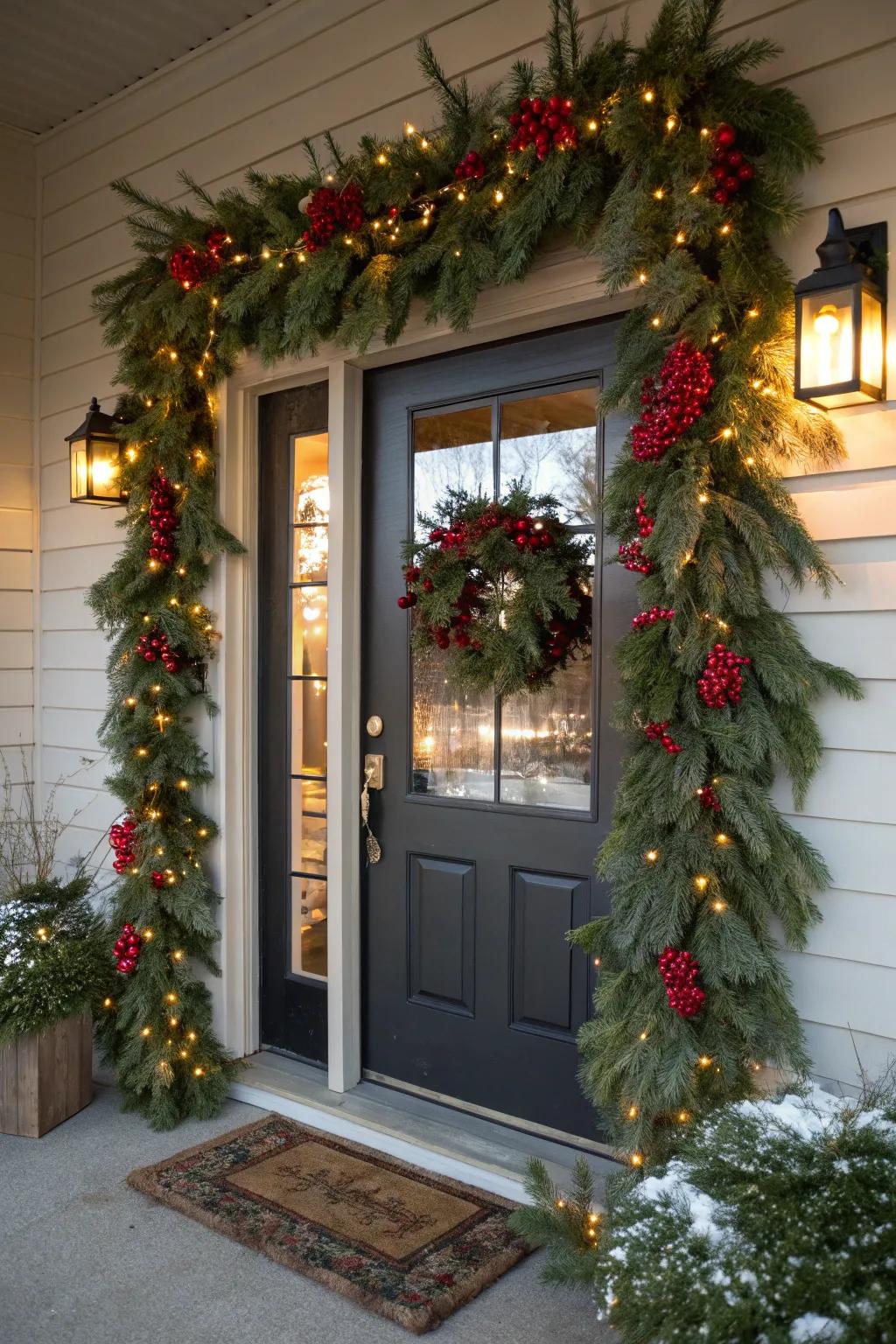 Radiant swags bring celebratory cheer to this winter doorway.
