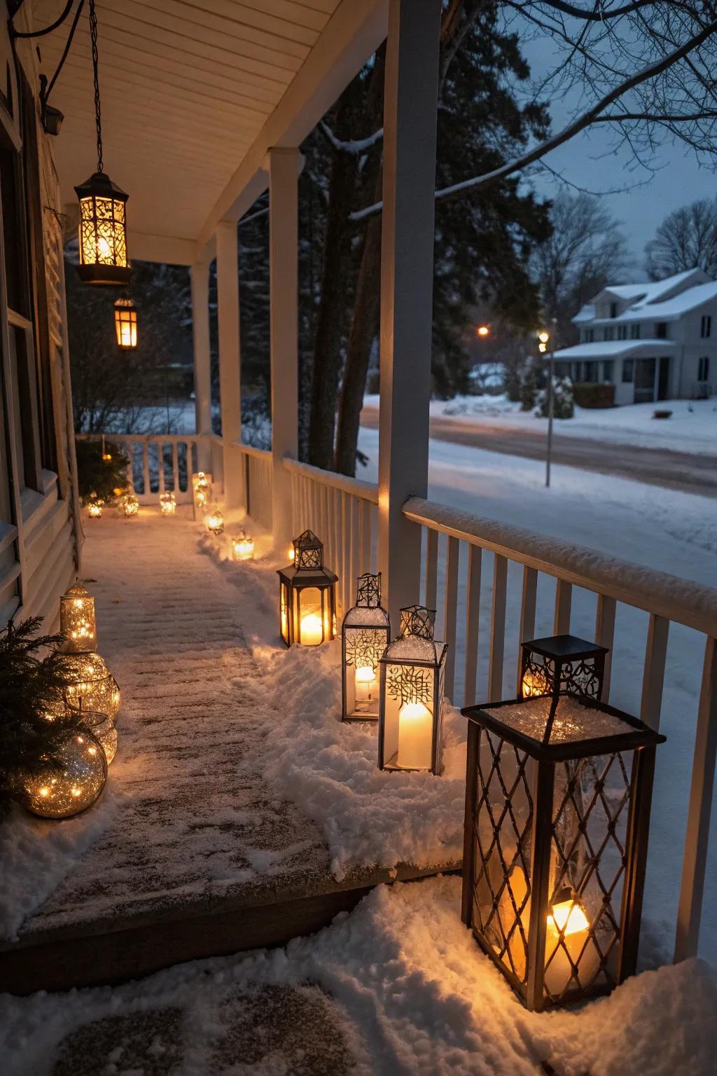 A serene winter porch illuminated by a constellation of lanterns.
