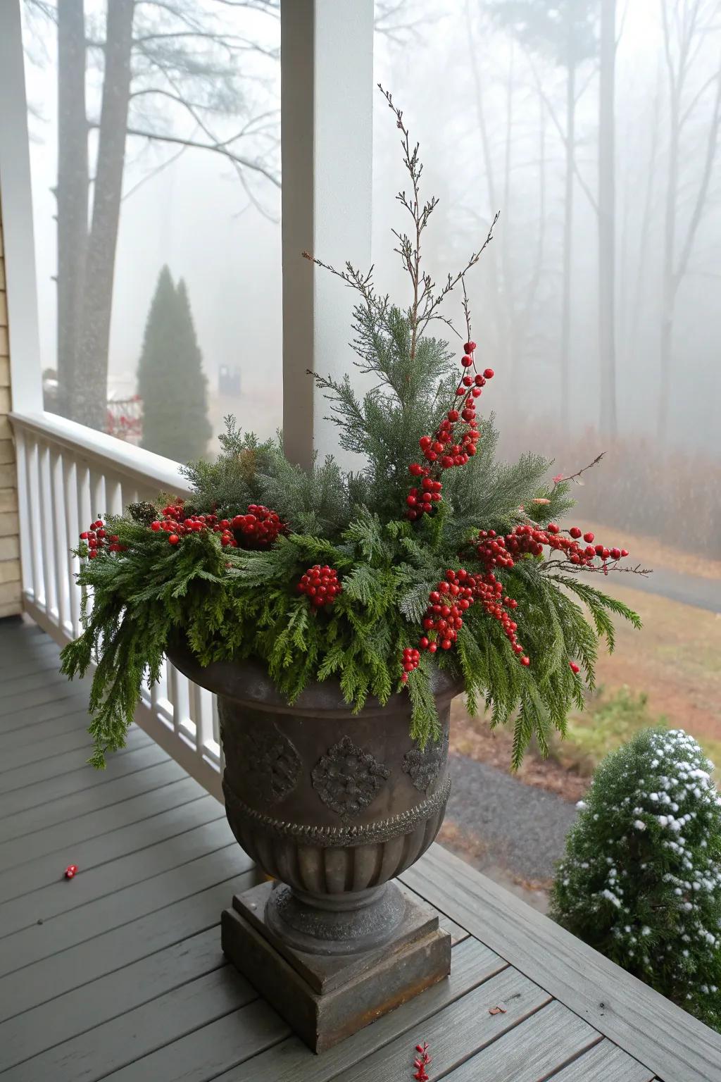 Red berries provide a vibrant burst of color against the winter greenery.