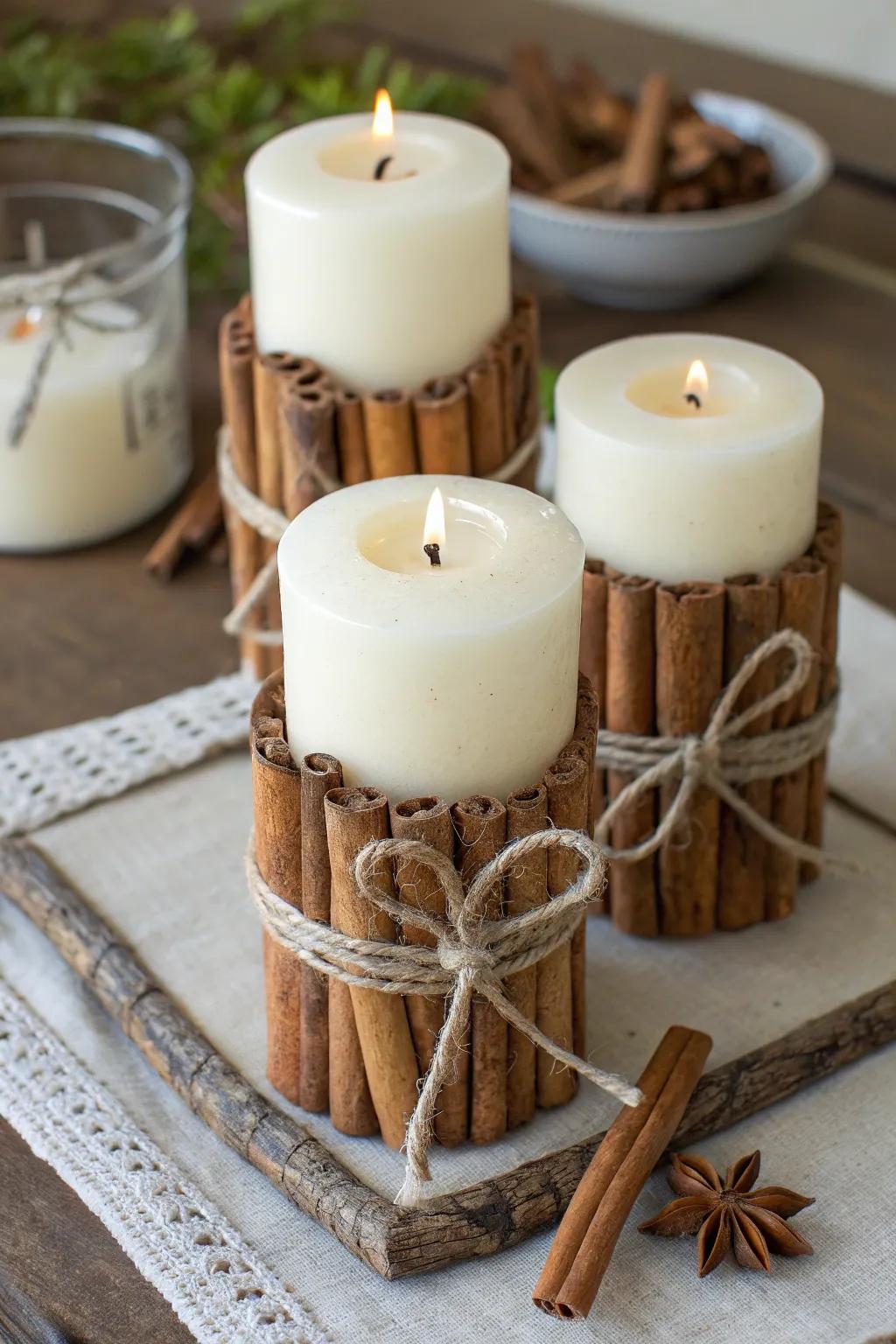 Spice rod candle vessels contribute a cozy radiance and delightful fragrance to any setting.