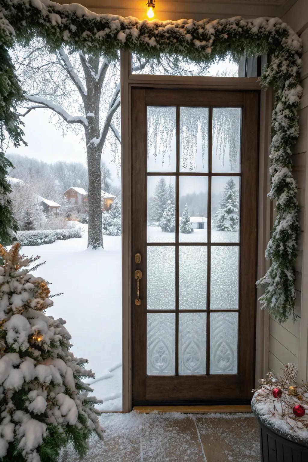 Iced glass panels summon a peaceful, wintry environment.