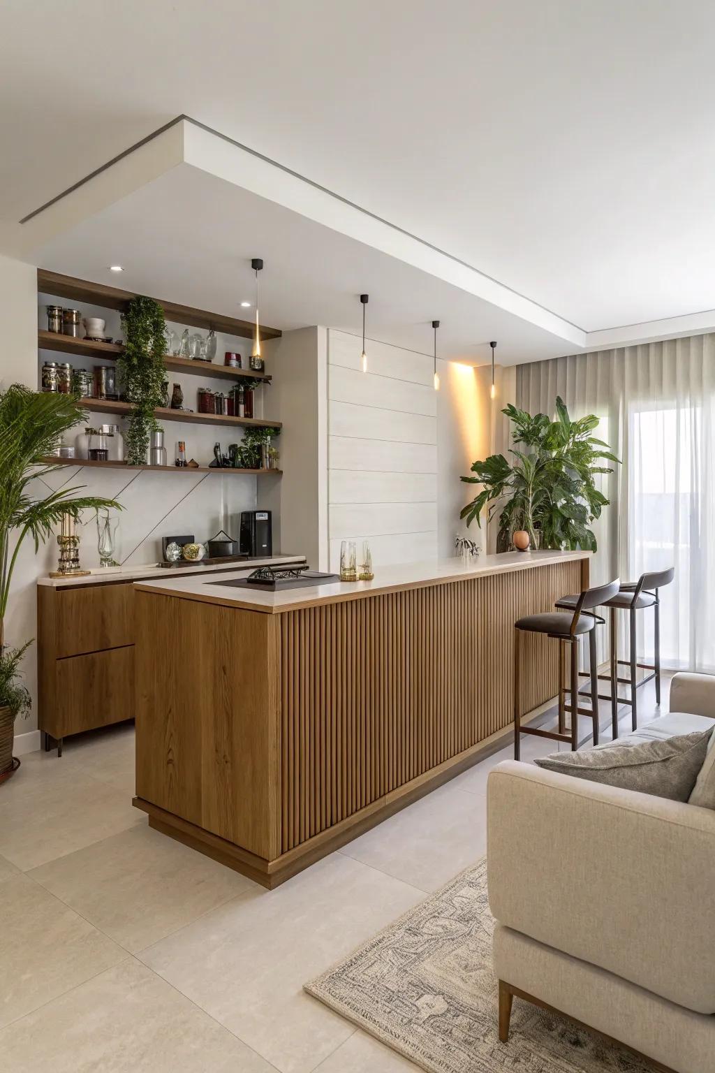 A sleek wooden bar ideal for a modern home.