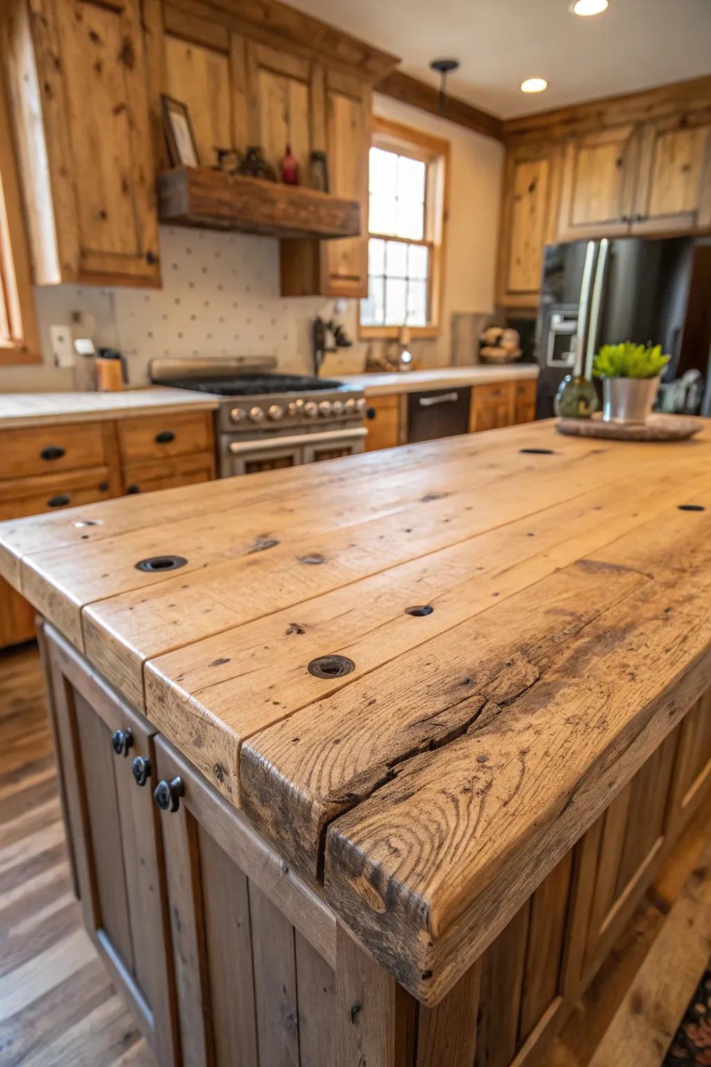 Upcycled wood countertops, narrating tales through each mark and detail.