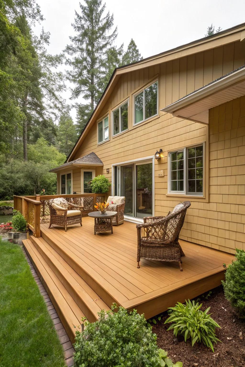 The inviting glow of a honey-toned deck enhances the warmth of a tan house.