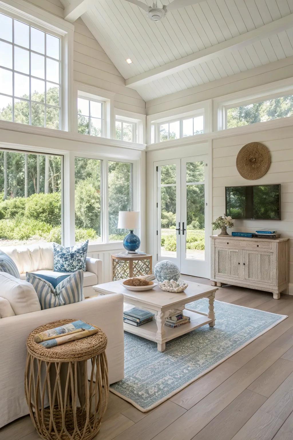 Sunlit and spacious living area featuring white oak flooring.