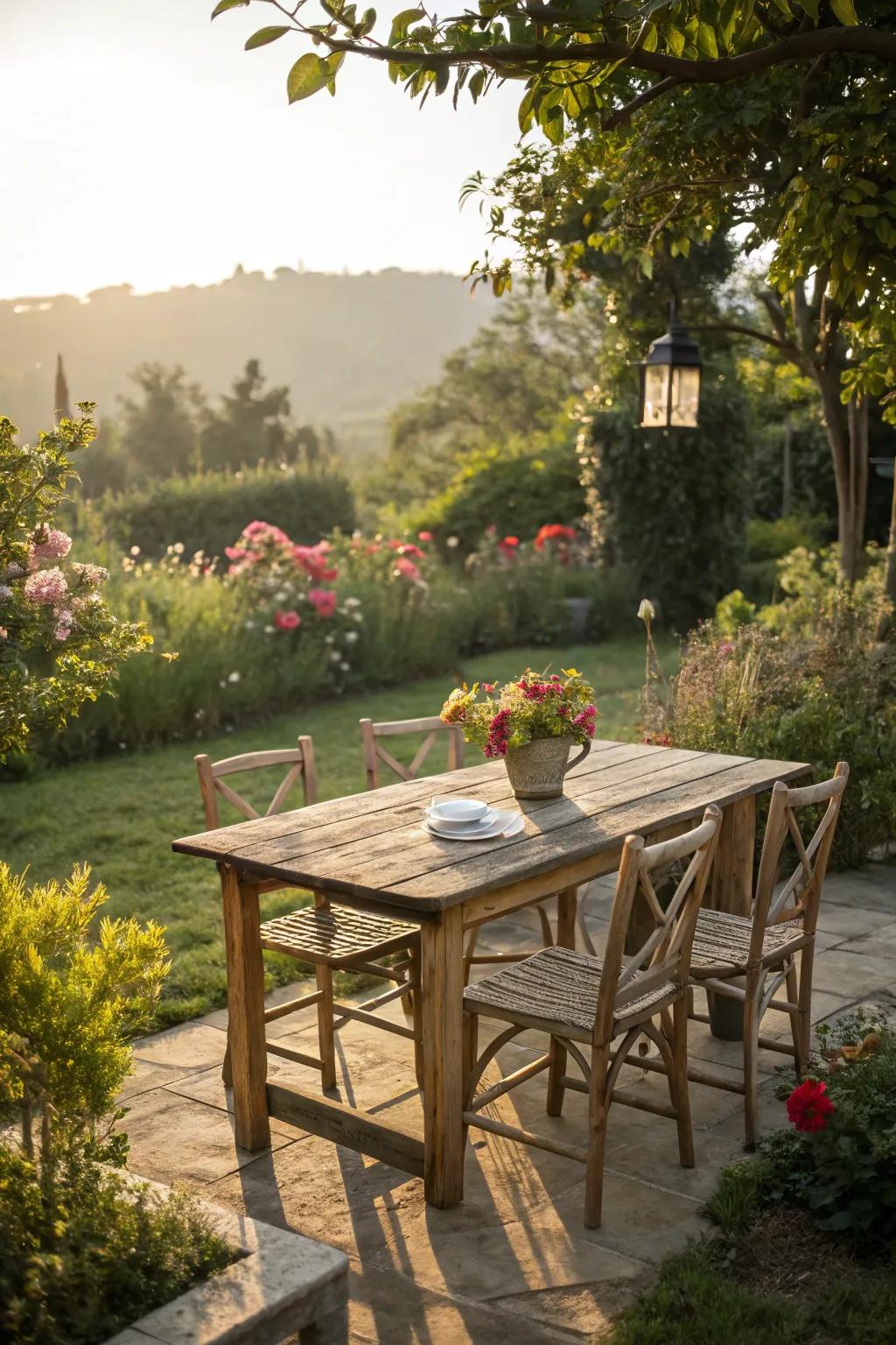 A countryside-style wood dining set for a delightful outdoor dining encounter