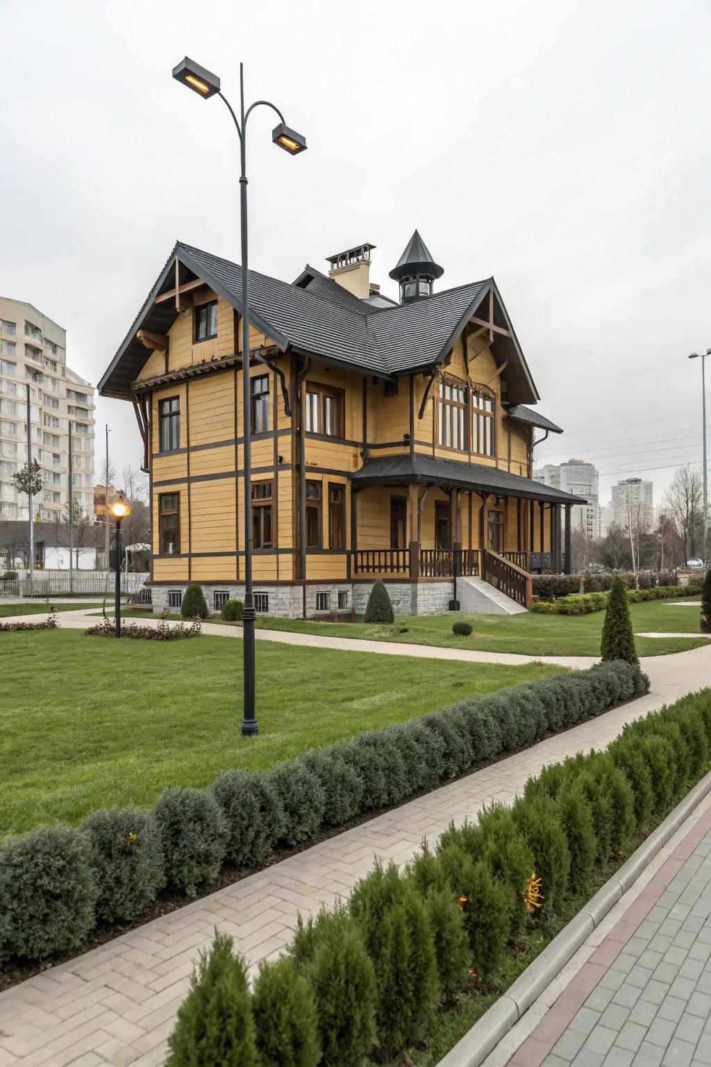 A modern wood home featuring a striking contrast between dark trims and light walls.
