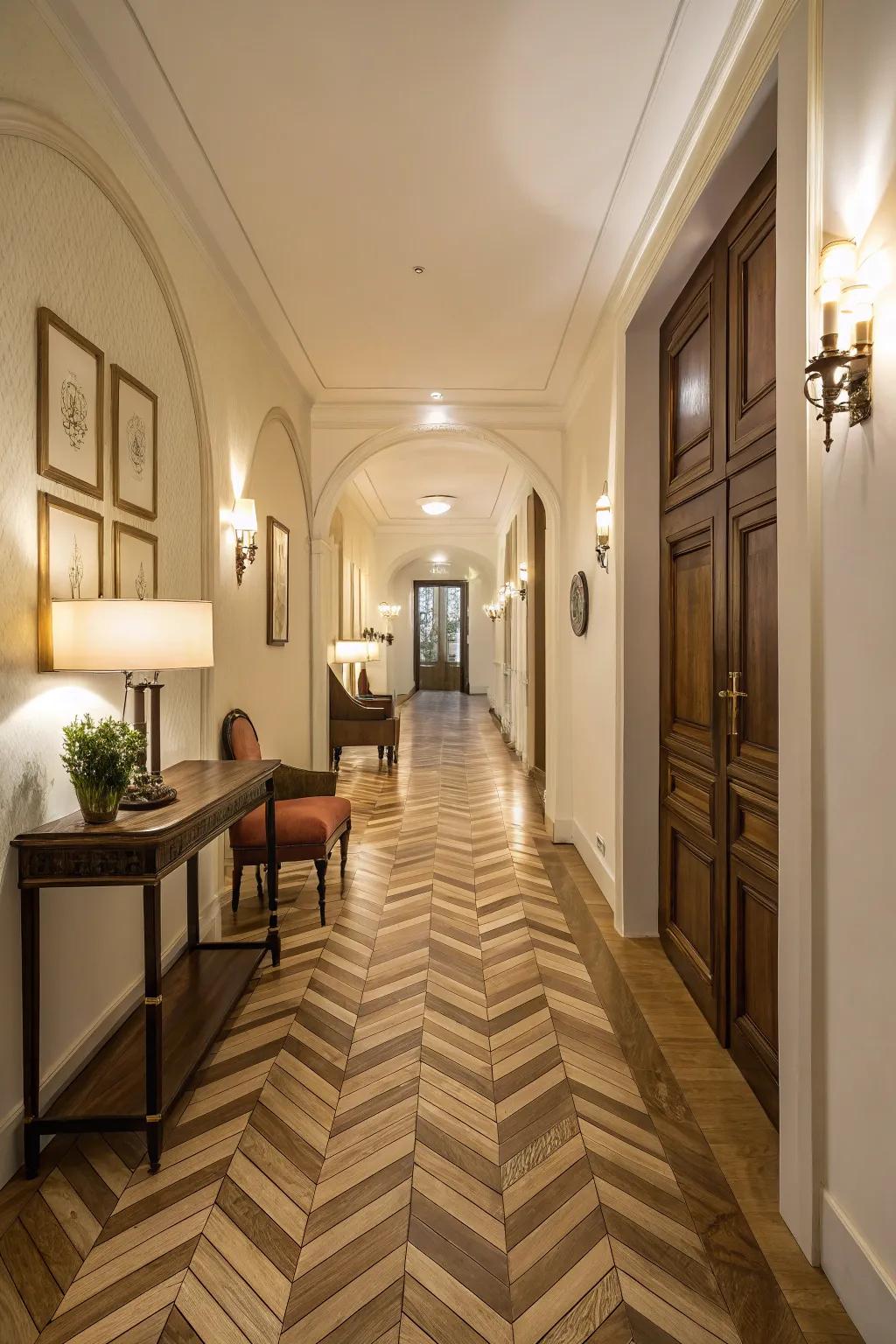 An elegant entrance hall featuring a striking zigzag wood design floor.