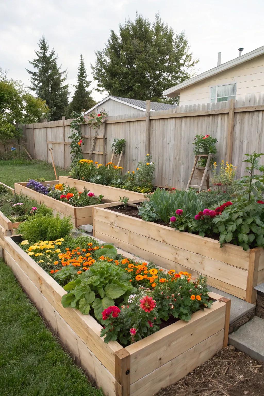 Tiered garden beds introduce vibrant beauty to your space.