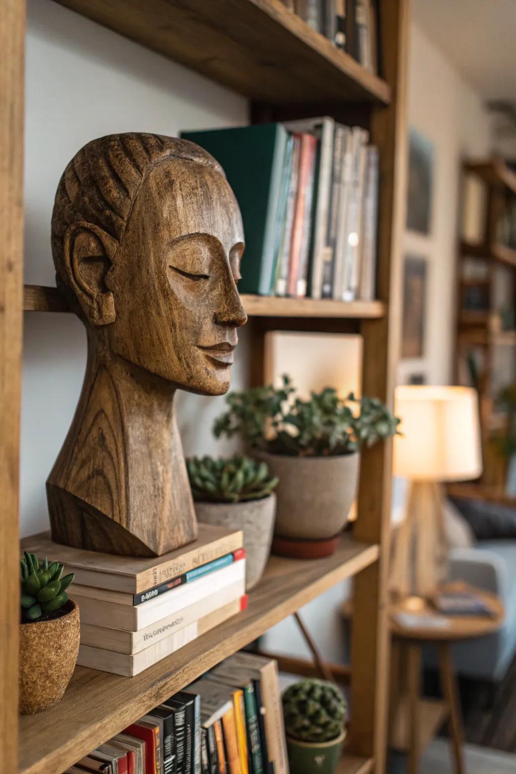 Introduce intrigue to your decor via a profound wooden face sculpture.