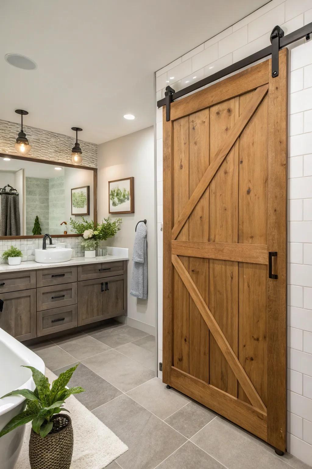 Farmhouse-inspired sliding doors give a touch of countryside grace to every bathroom.