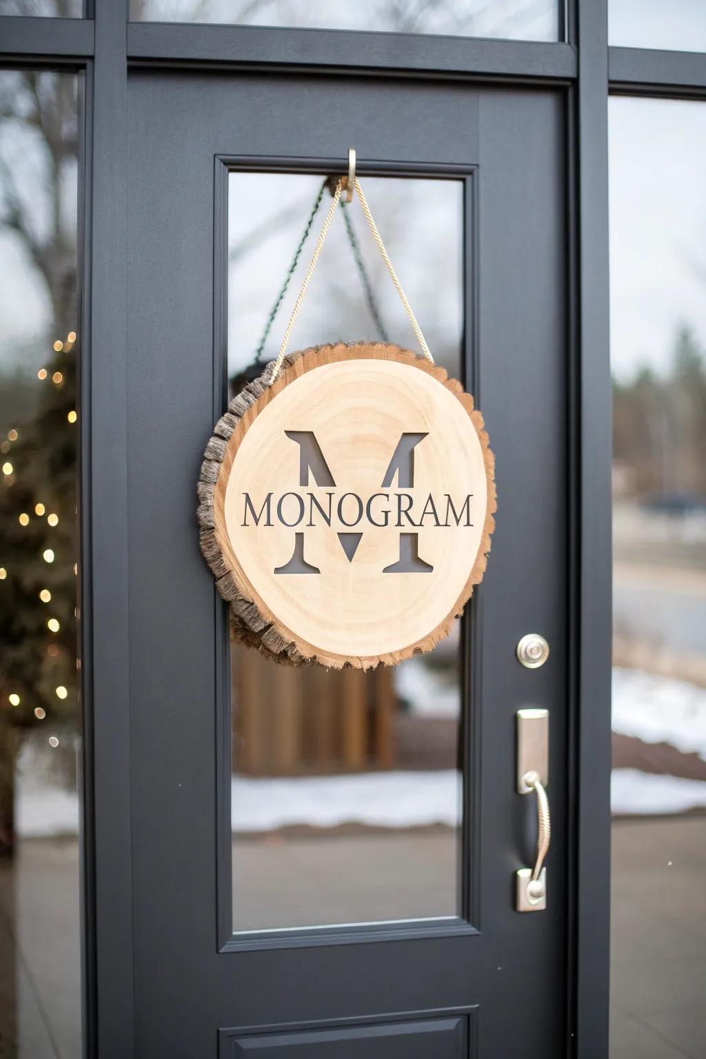 Understated initial wooden disc wreath for a bespoke highlight.