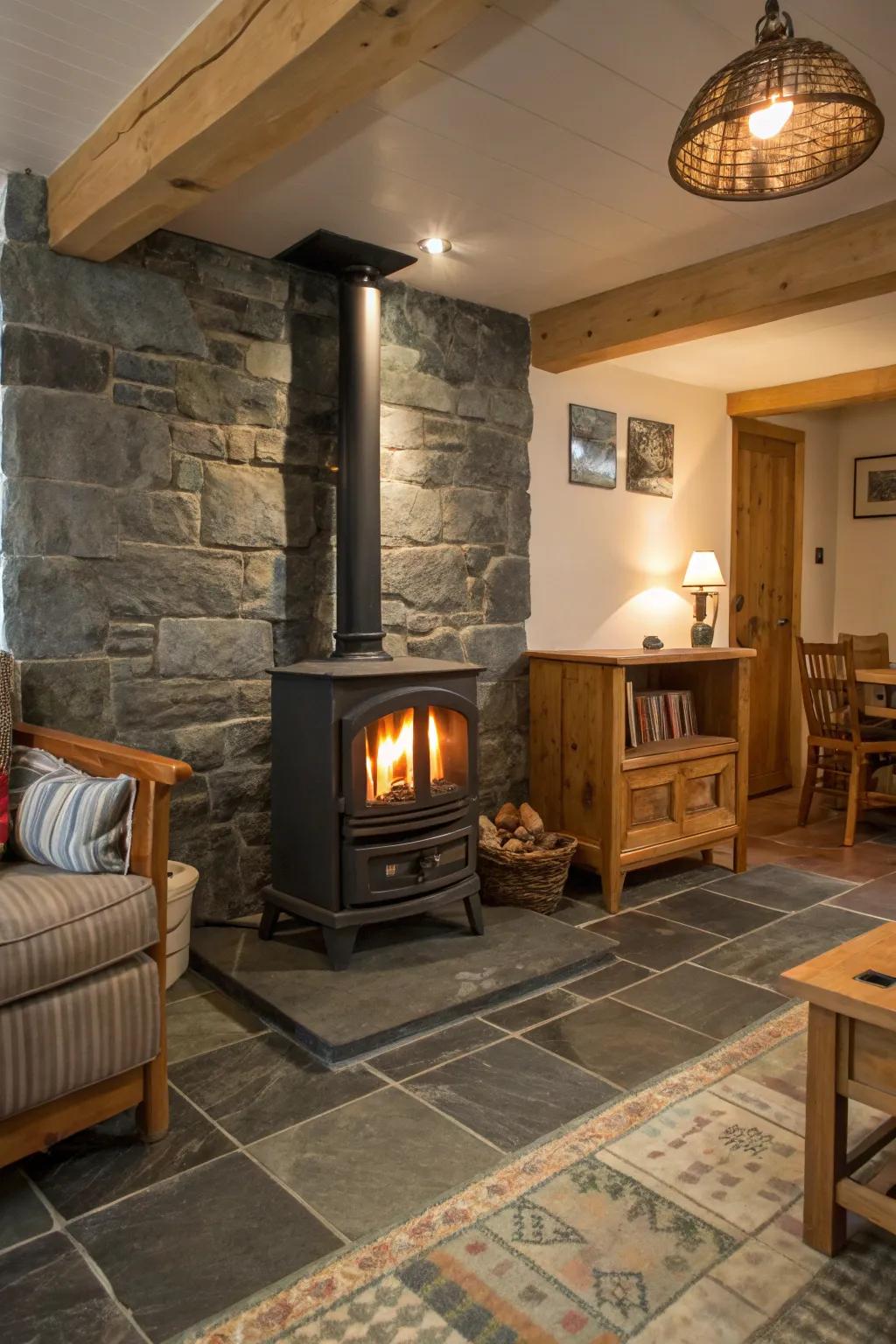Genuine stone tiles impart a country charm and coziness to a wood burner surround.