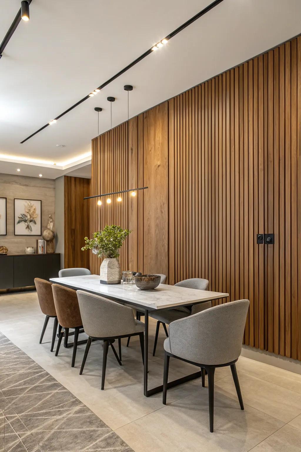 A dining room with upright wood panels for a chic touch.