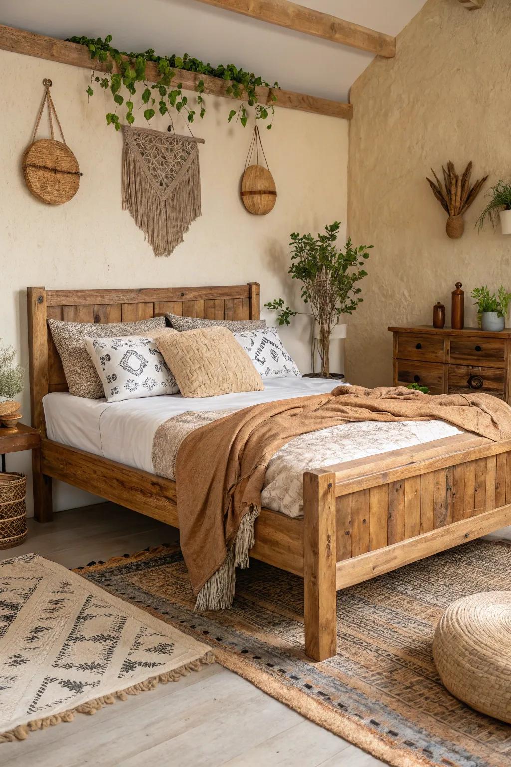 A rustic wooden bed that envelops any room in warmth.
