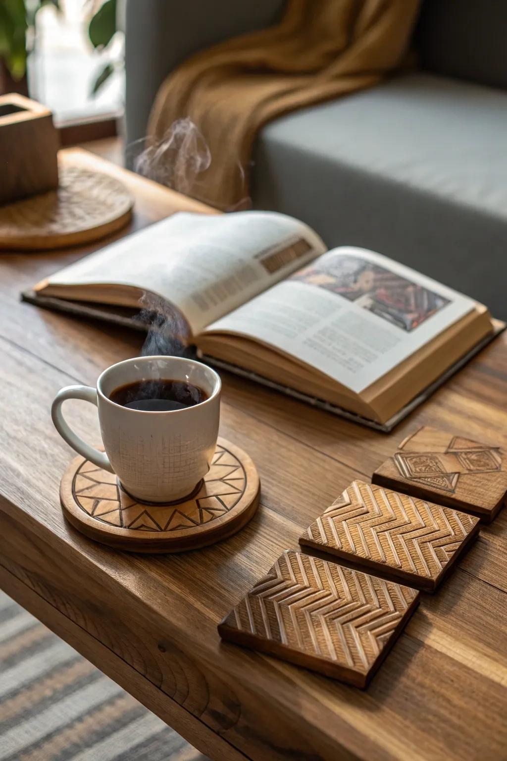 Artisanal timber coasters infuse elegance into any dining setting.