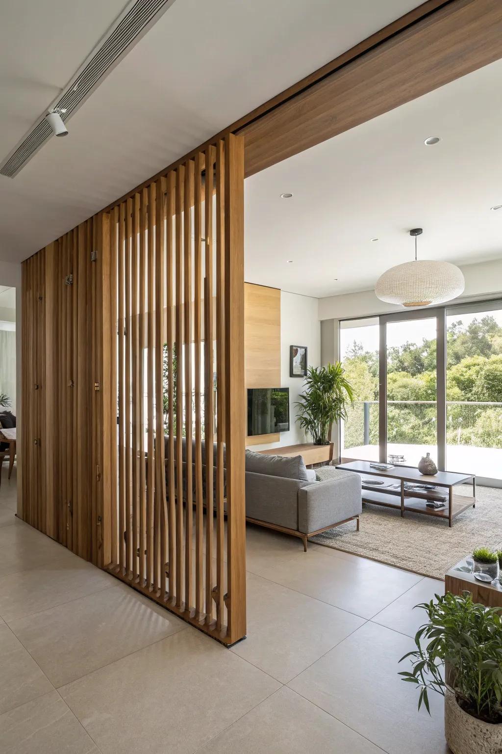 Open slats strike a superb equilibrium between seclusion and openness in this contemporary environment.
