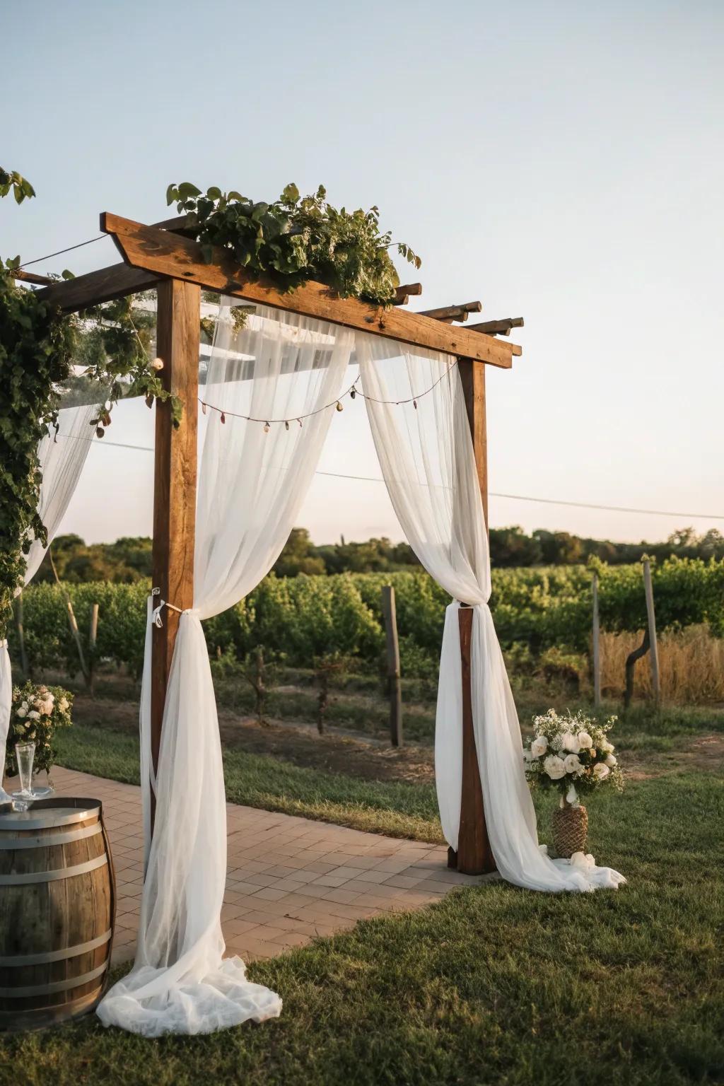 Romantic fabrics on a wooden arch evoke a dreamlike setting.