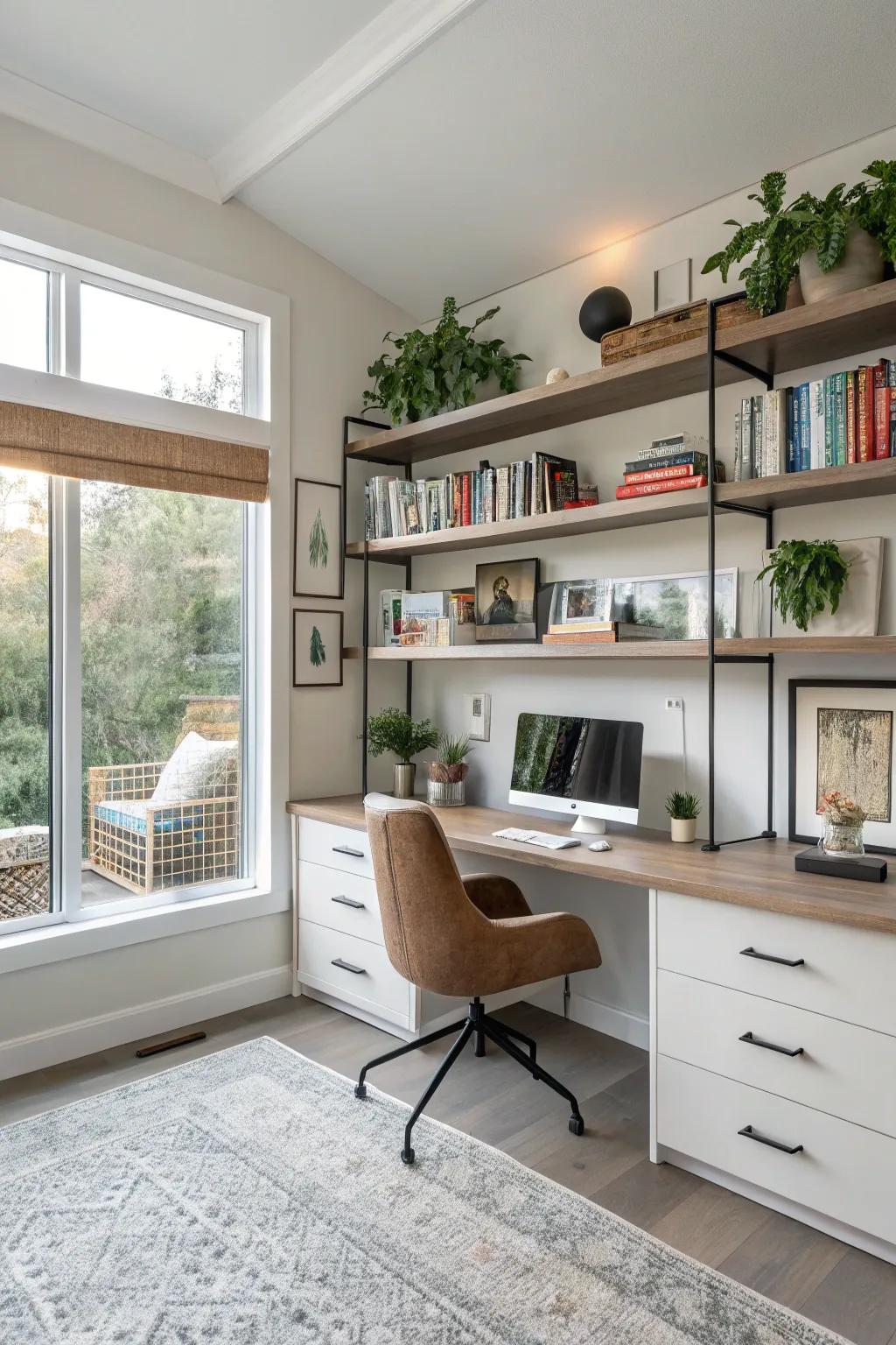 Chic shelves keep your workspace organized and stylish.