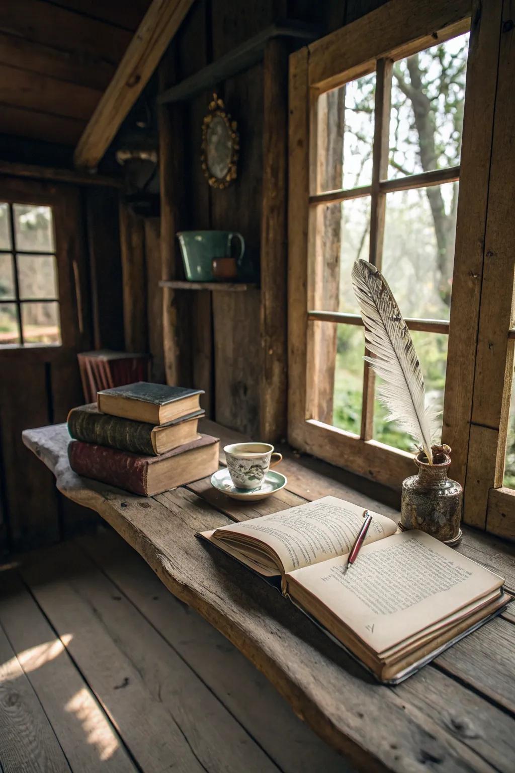 A rustic writing shed offering a cozy and enchanting storybook setting.
