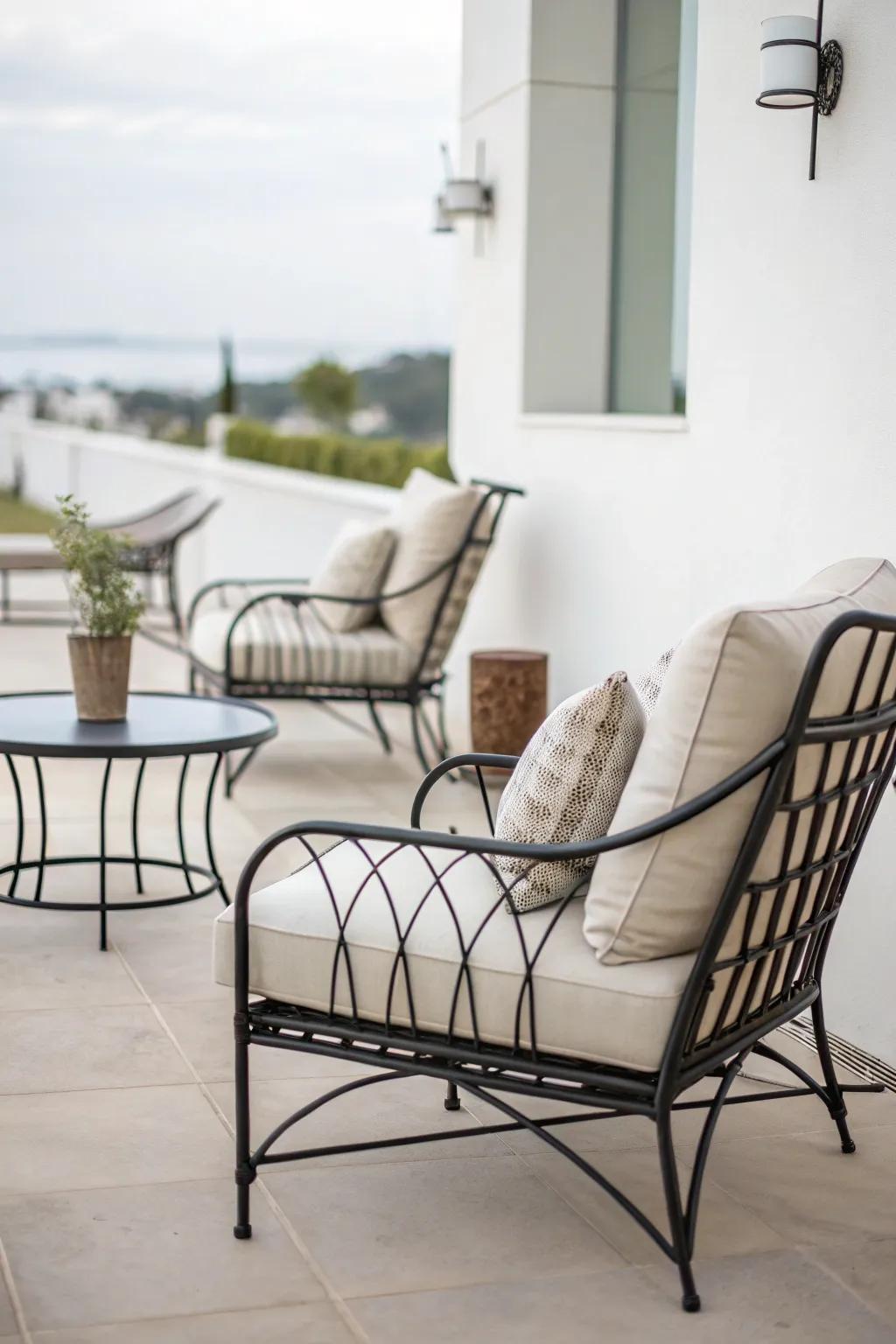 Elegant, simple wrought iron designs integrate seamlessly into a minimalist patio setting.