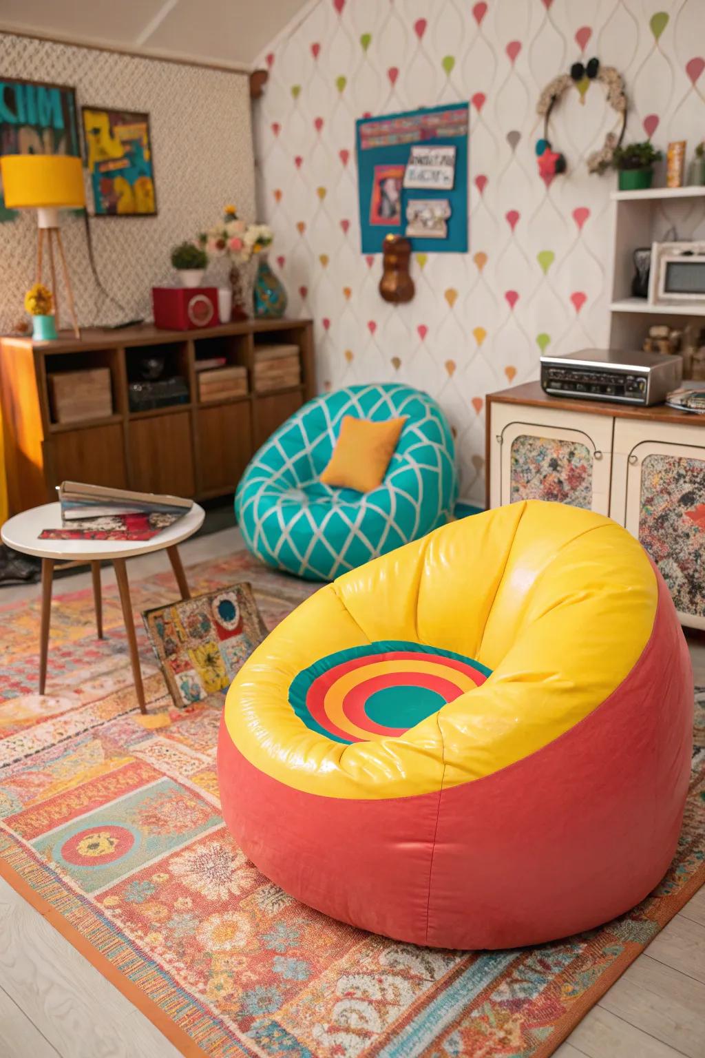 Retro seating choices like air-filled seats are essential for a bedroom inspired by Y2K.