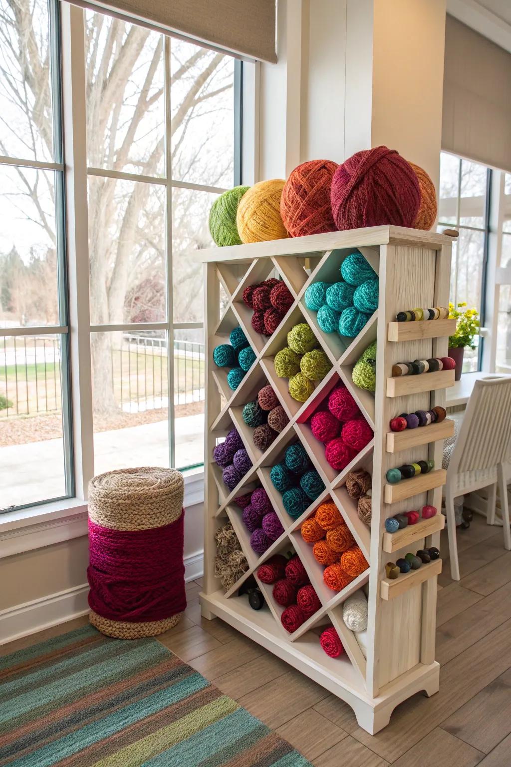 Re-purposing a specialized bottle rack for yarn storage introduces sophistication to your craft space.