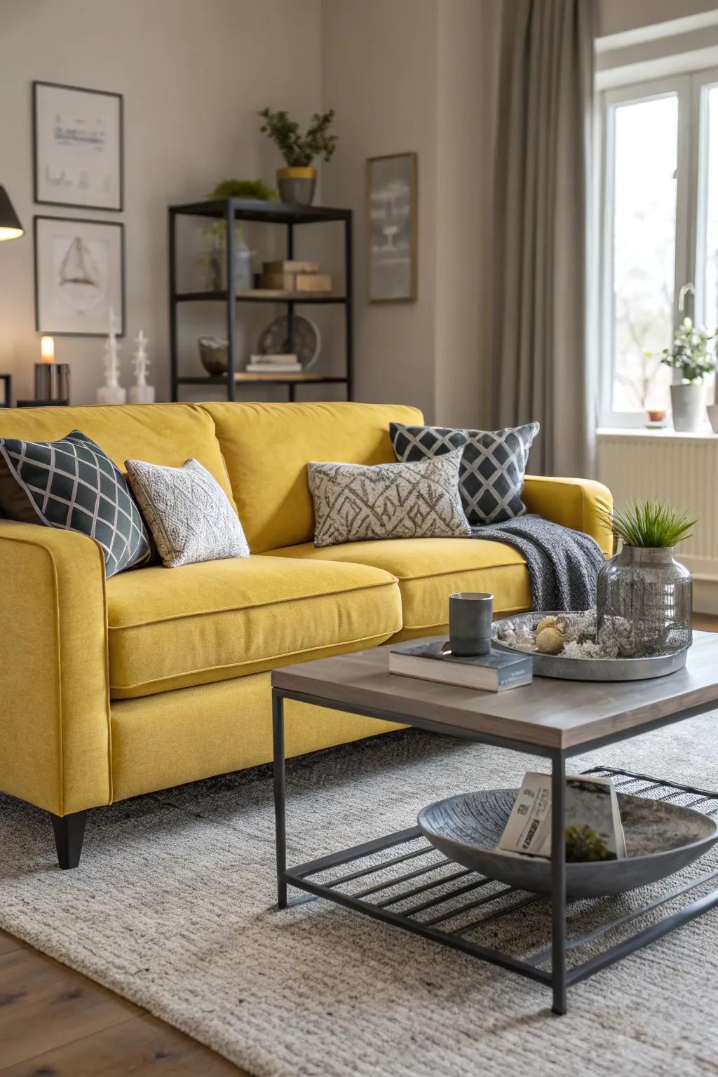 A vibrant living room featuring a golden sofa as its focal point.