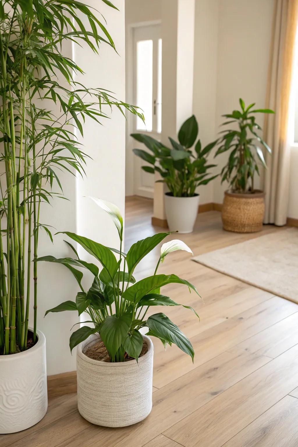 Domesticated greenery brings the outdoors inside a simple space.
