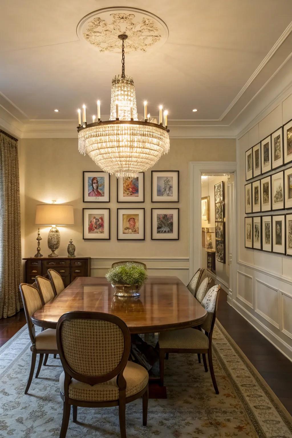 Chandeliers not only enhance the aesthetic of an art space but also cast a beautiful light that highlights each artwork.